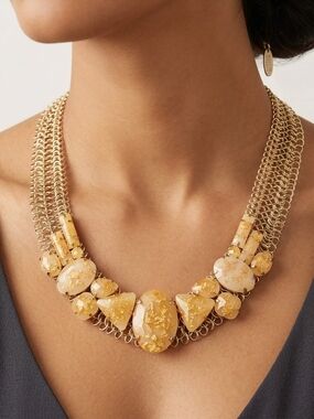 RUSH by Dennis Charles Gold Flake Resin Statement Bib Textured Necklace